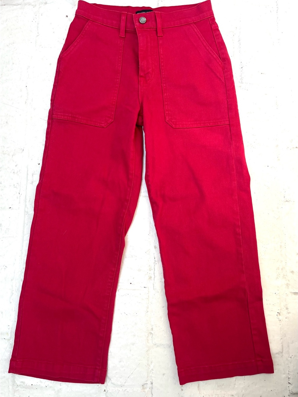 Modern American Fuchsia Red Wide Straight-Leg Cropped Denim High Waist Size 25